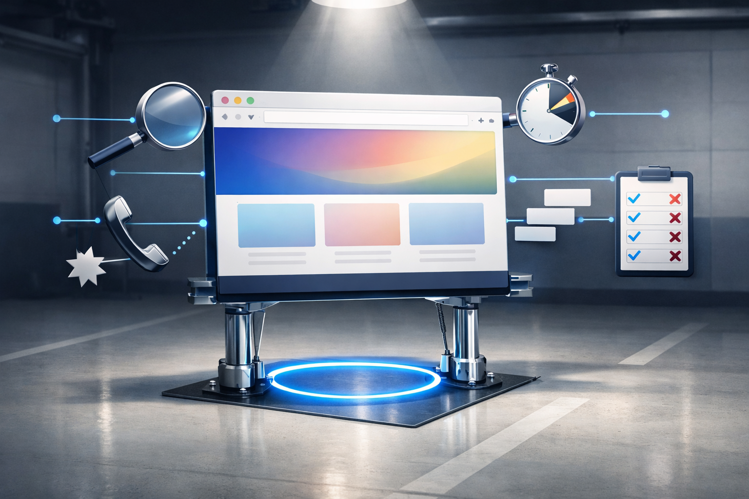Polished 3D illustration of website audit dashboard with sky blue accents