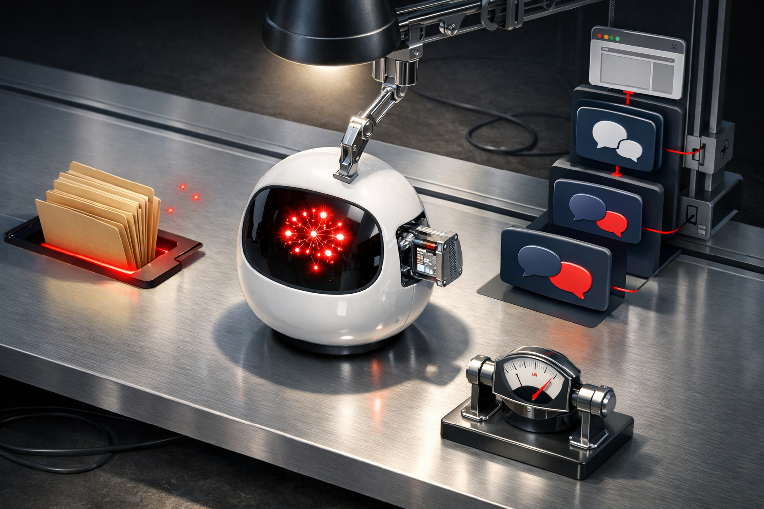 Polished 3D illustration of AI chatbot workflow with red accents