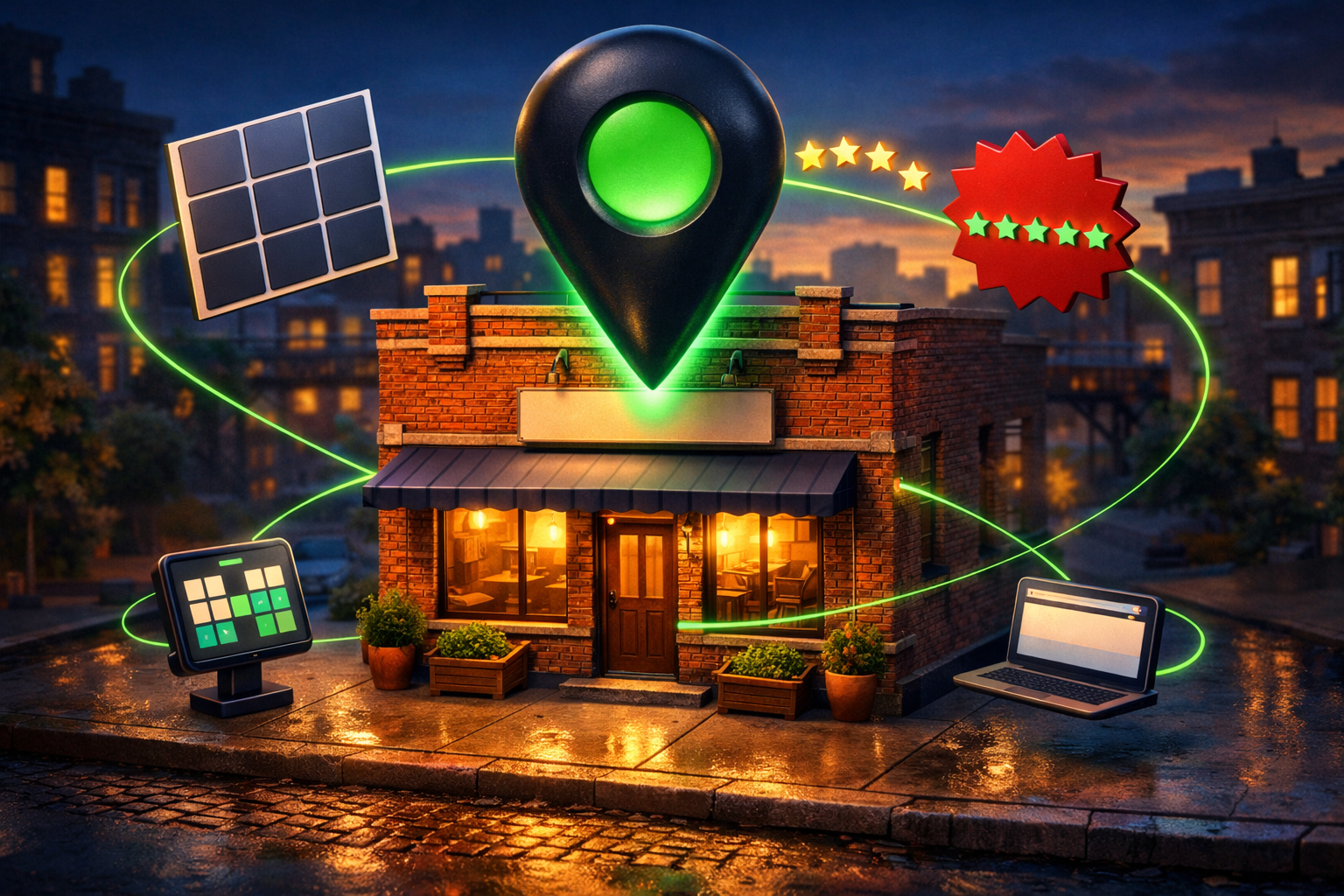 Polished 3D illustration of restaurant digital channels with emerald accents