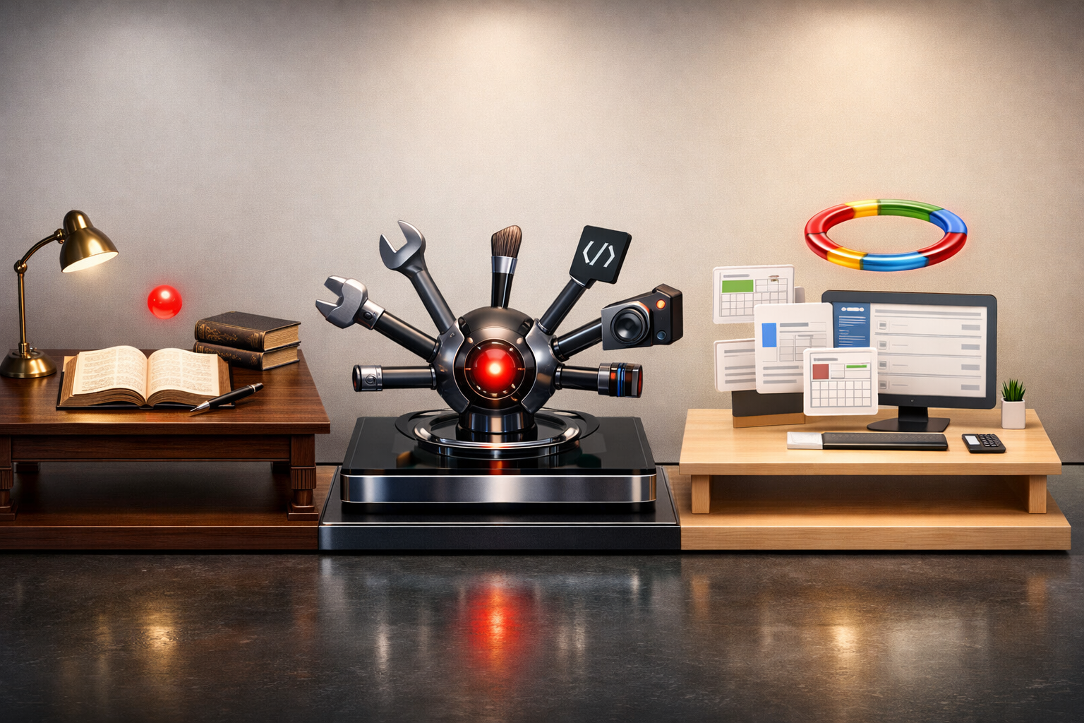 Polished 3D illustration of AI assistant platforms with red accents