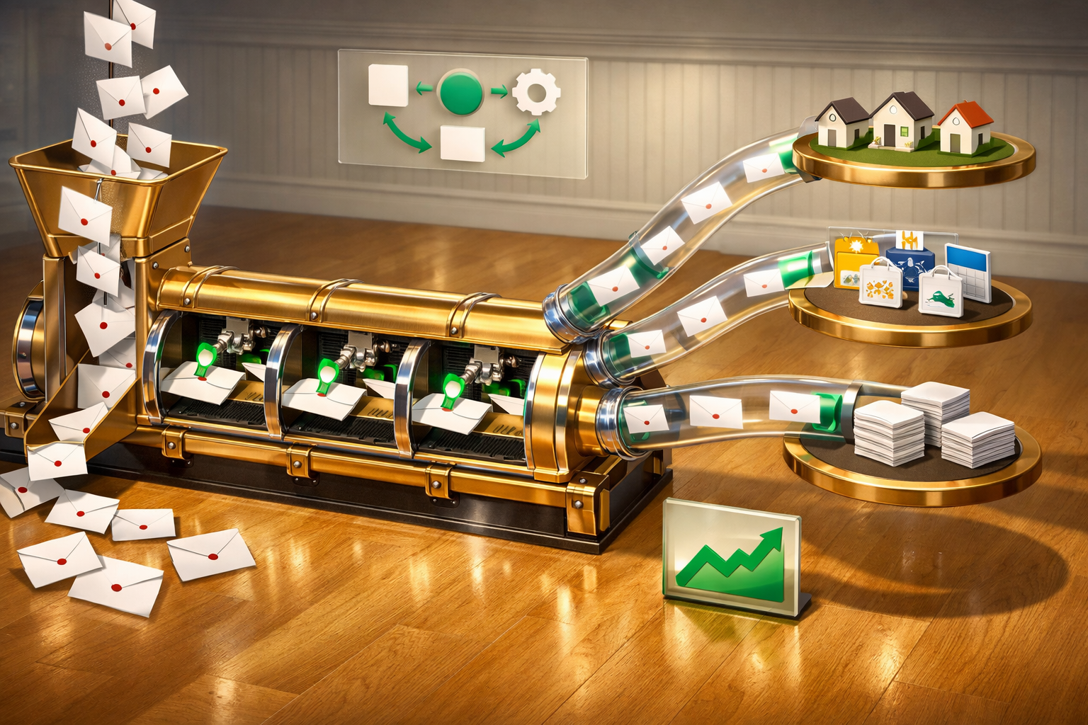 Polished 3D illustration of email automation flows with emerald accents