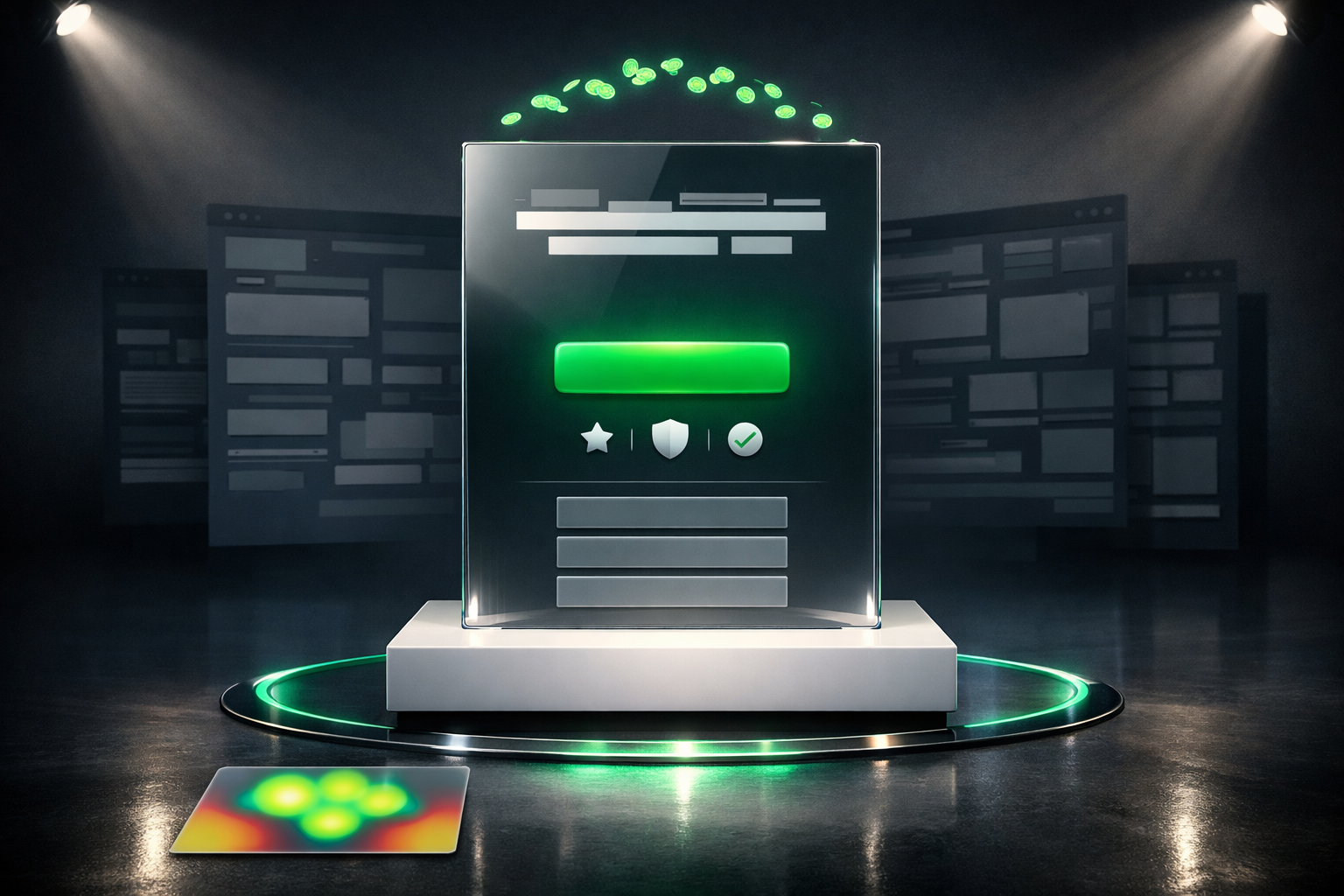 Polished 3D illustration of Google Ads landing page conversion with emerald accents