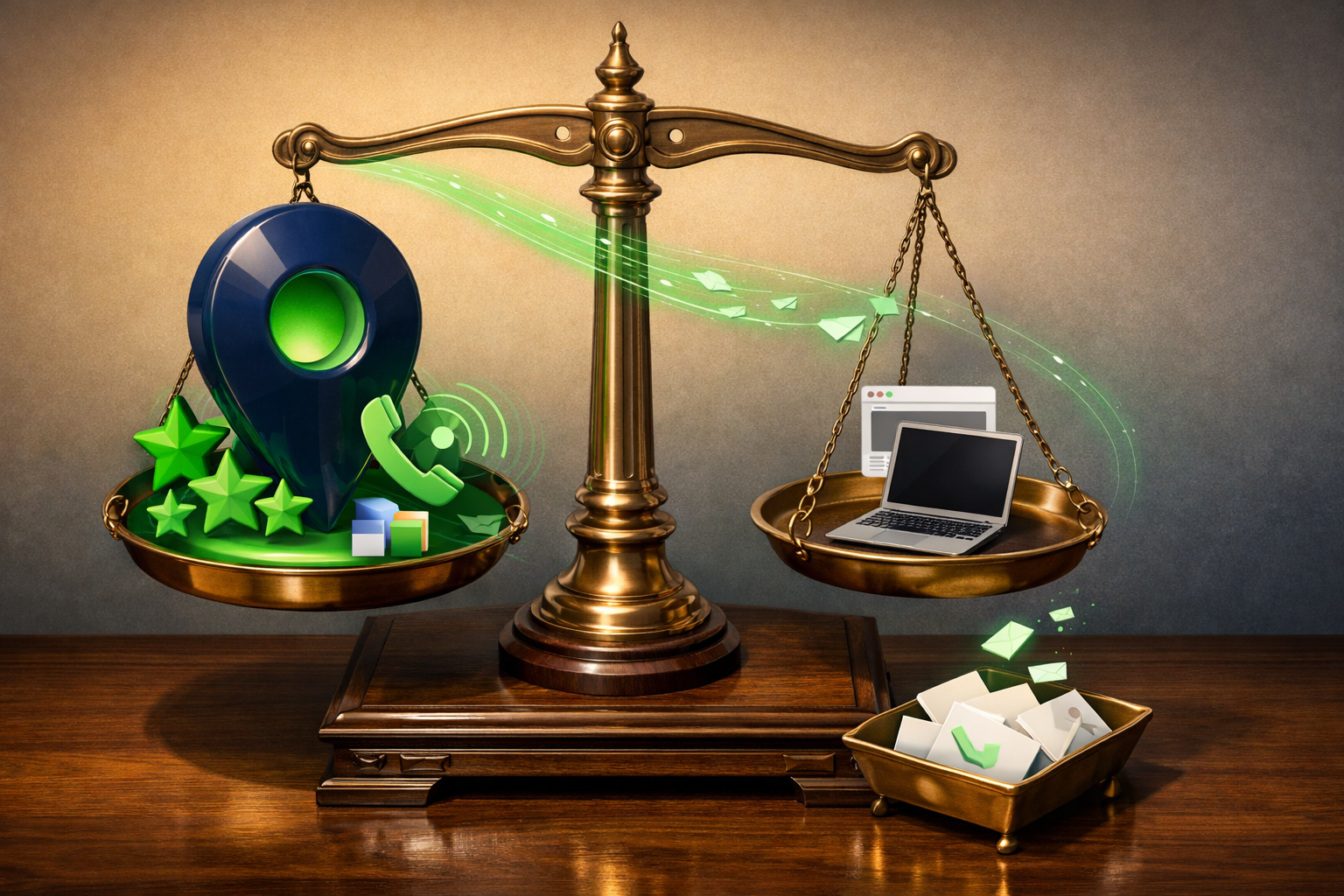 Polished 3D illustration of Google Business Profile dashboard with emerald accents
