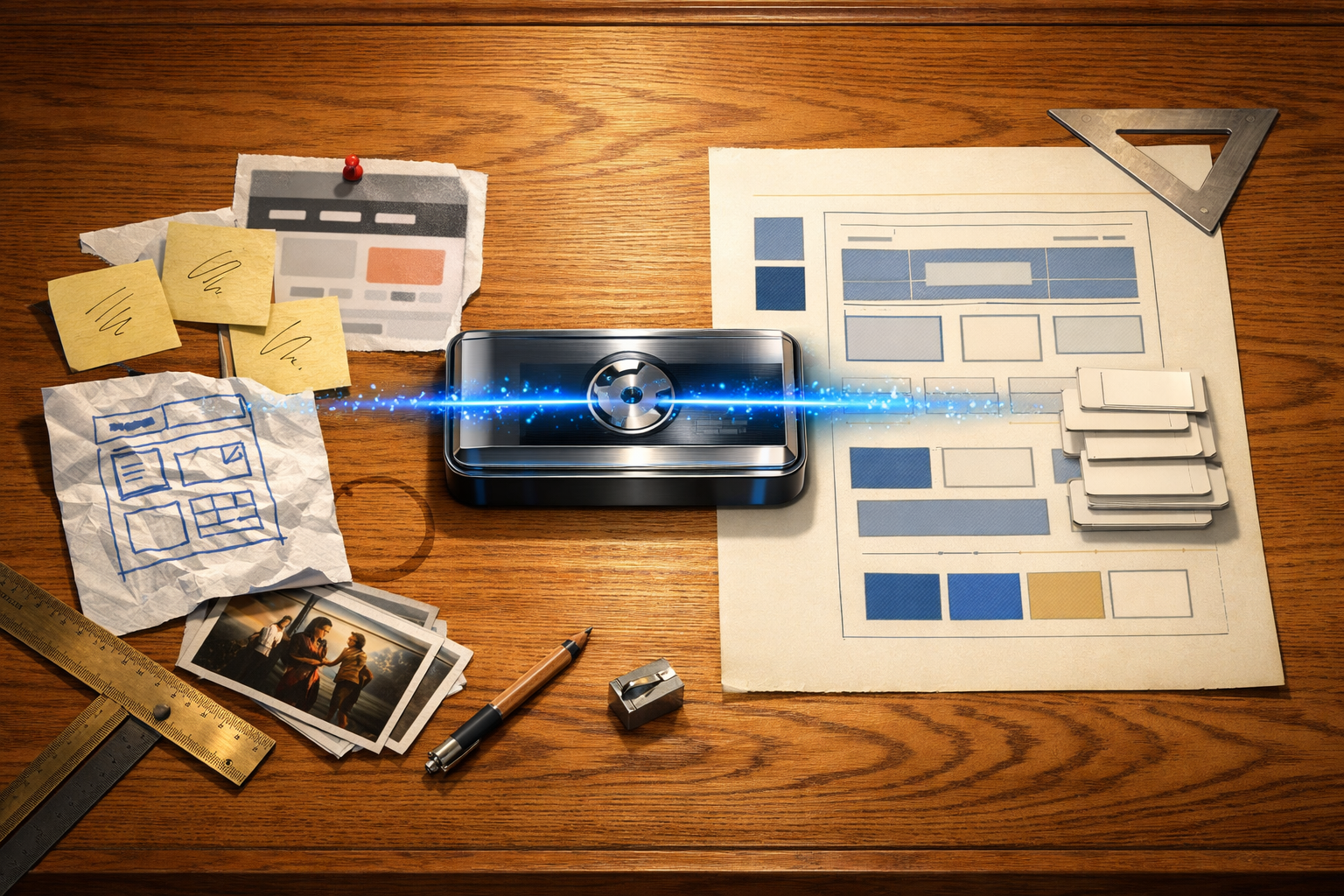 Polished 3D illustration of web development briefing process with sky blue accents