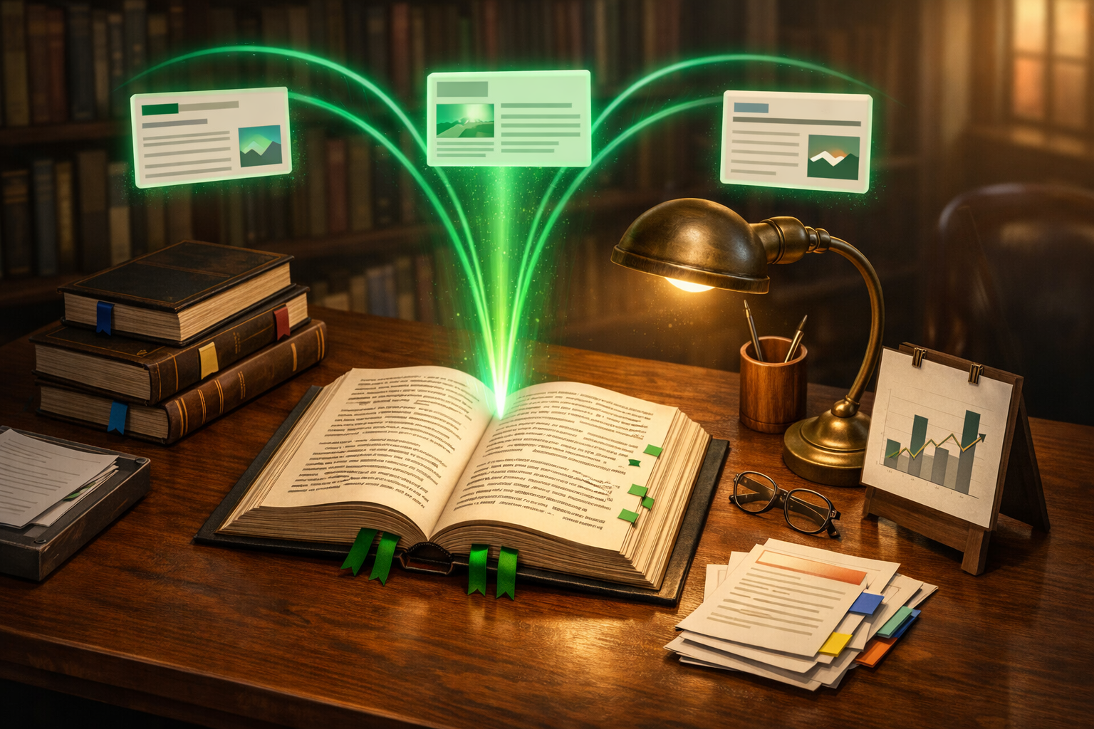 Polished 3D illustration of SEO content systems with emerald accents