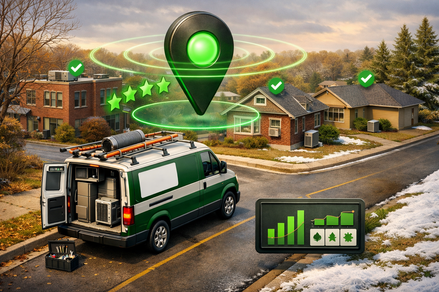 Polished 3D illustration of HVAC SEO system with emerald accents