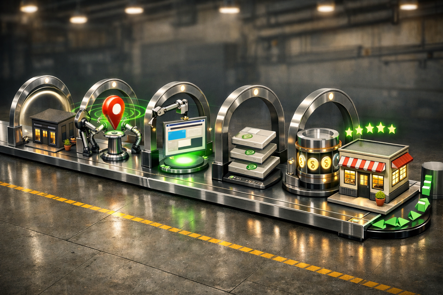 Polished 3D illustration of lead generation funnel with emerald accents