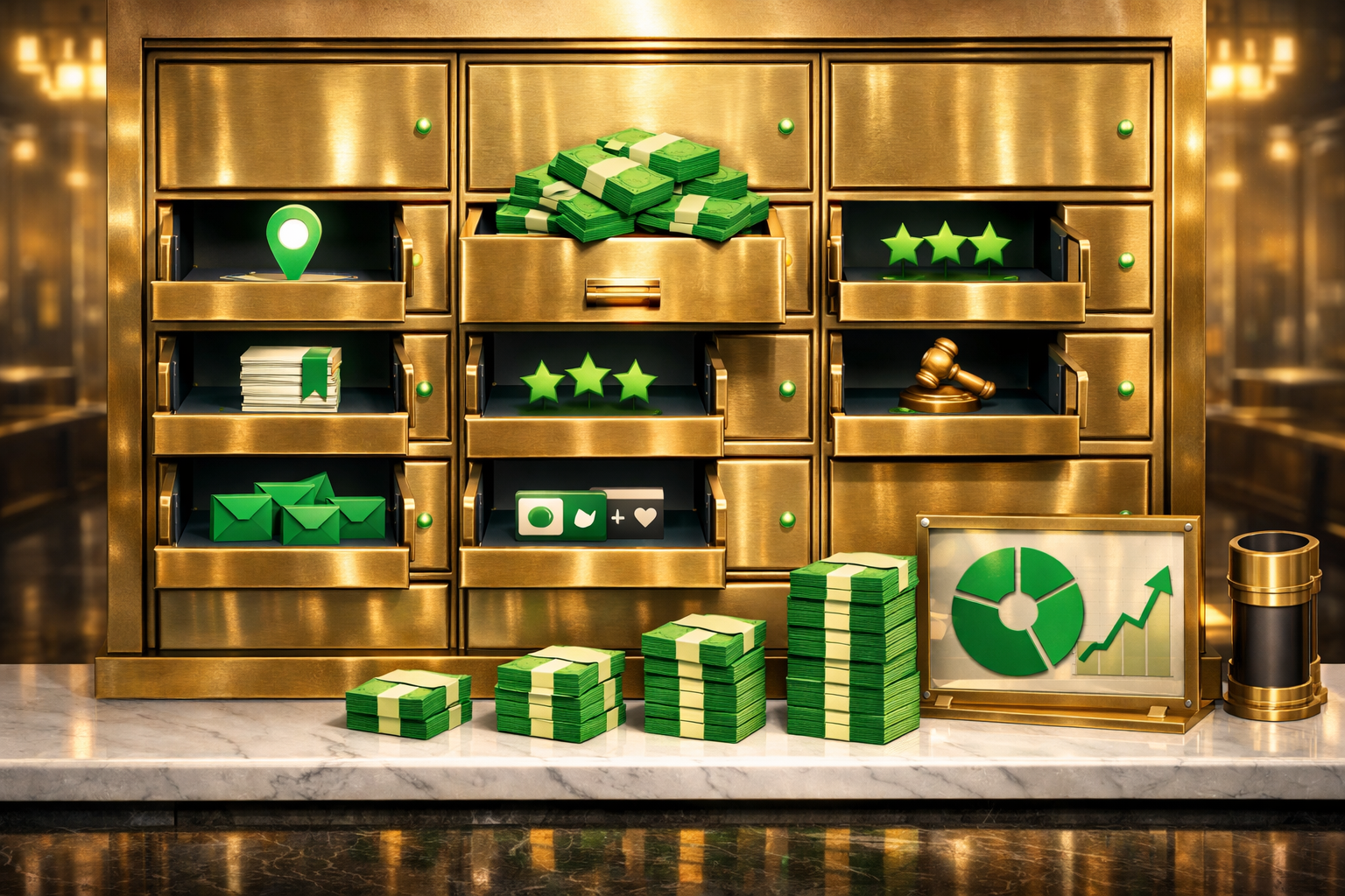 Polished 3D illustration of marketing budget allocation with emerald accents