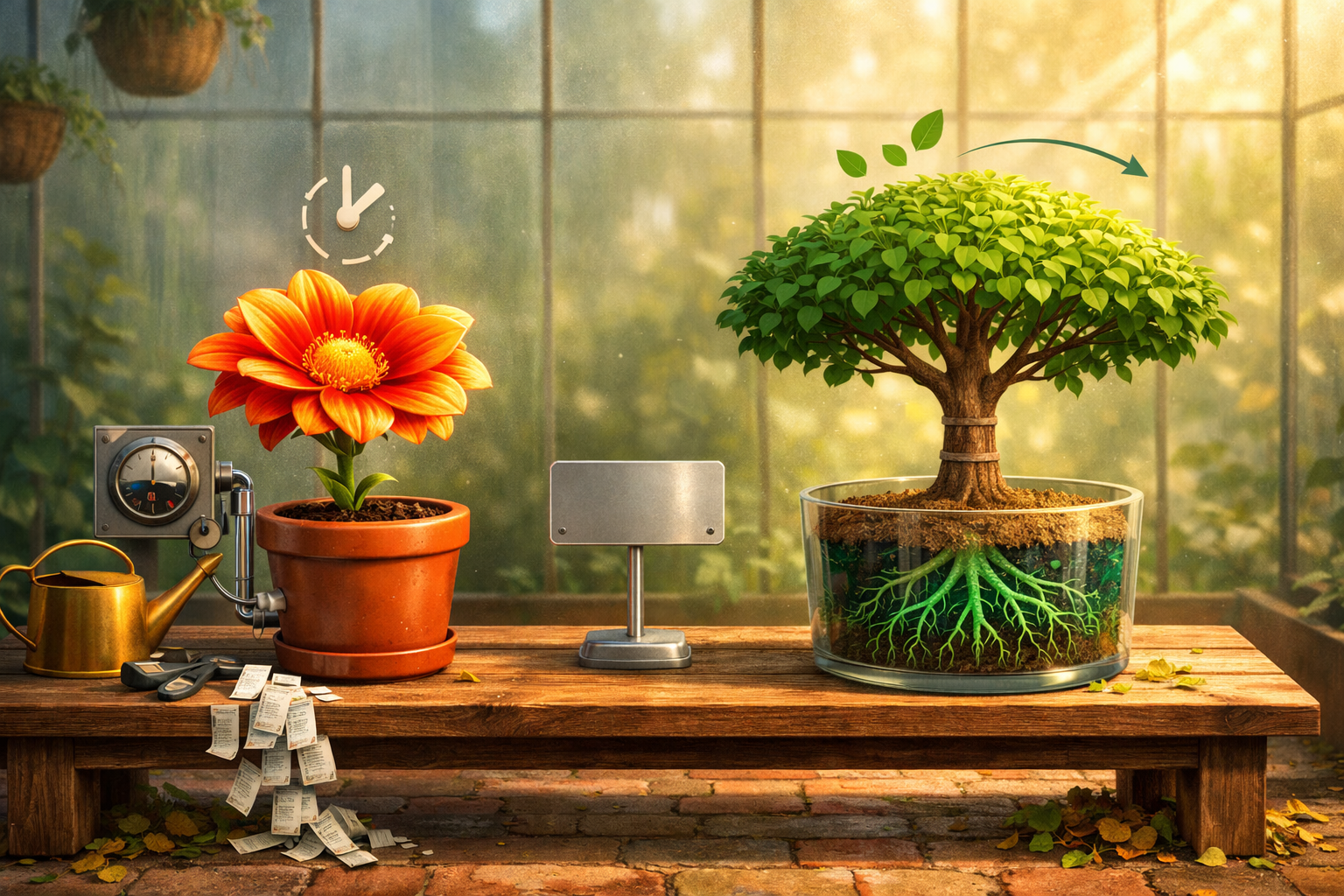 Polished 3D illustration of PPC versus SEO balance with emerald accents