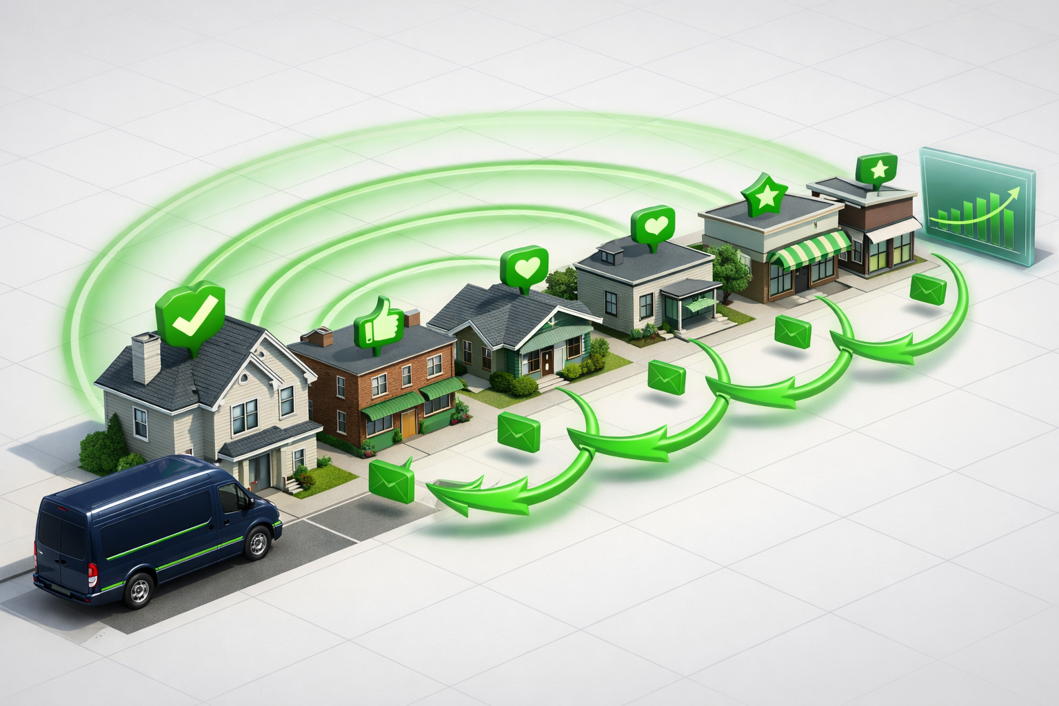 Polished 3D illustration of referral network with emerald accents