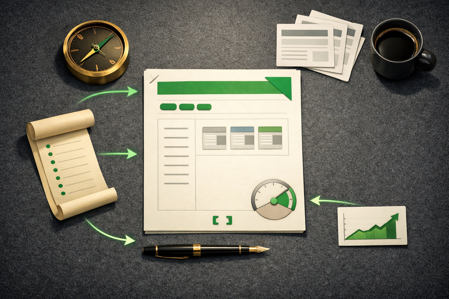 Polished 3D illustration of SEO content brief system with emerald accents