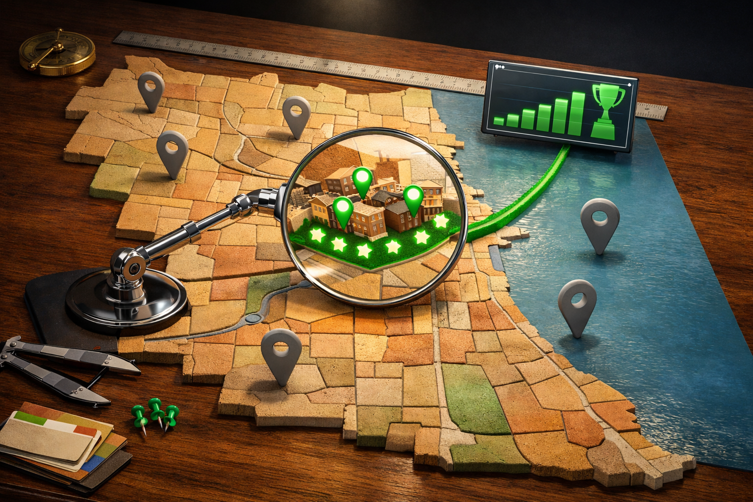Polished 3D illustration of Chicago neighborhood SEO with emerald accents