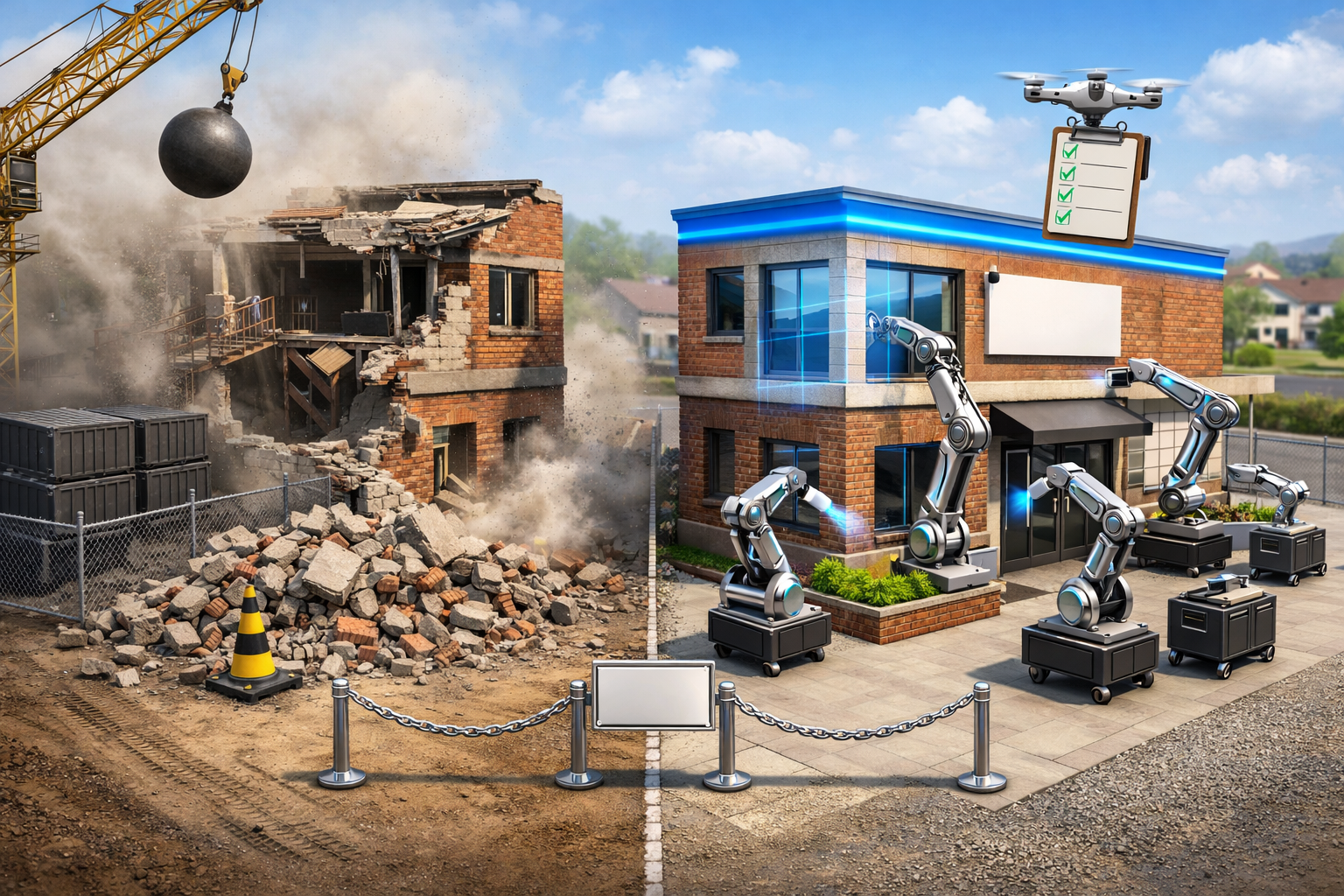 Polished 3D illustration of website architecture renovation with sky blue accents