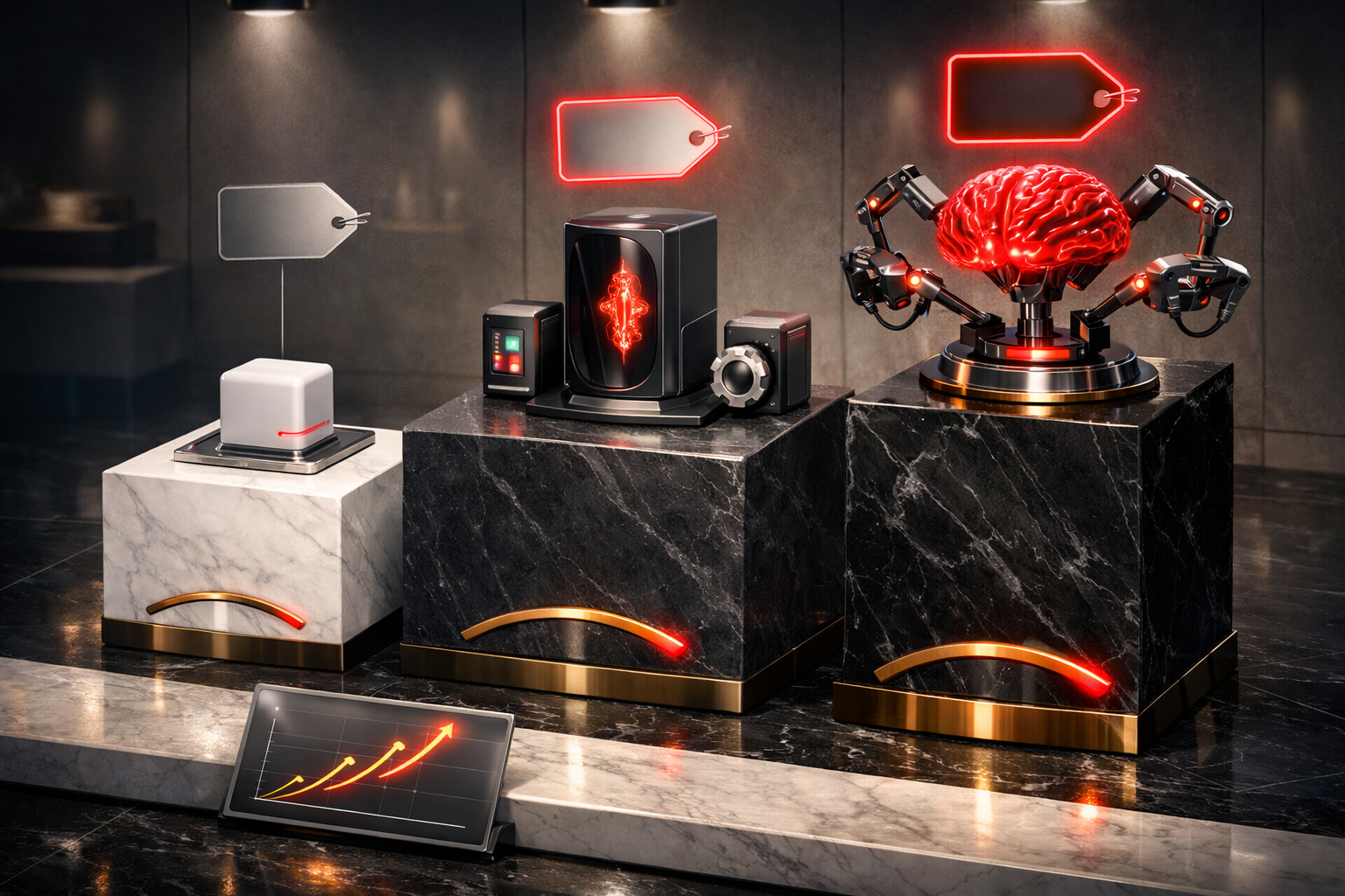 Polished 3D illustration of AI automation cost tiers with red accents