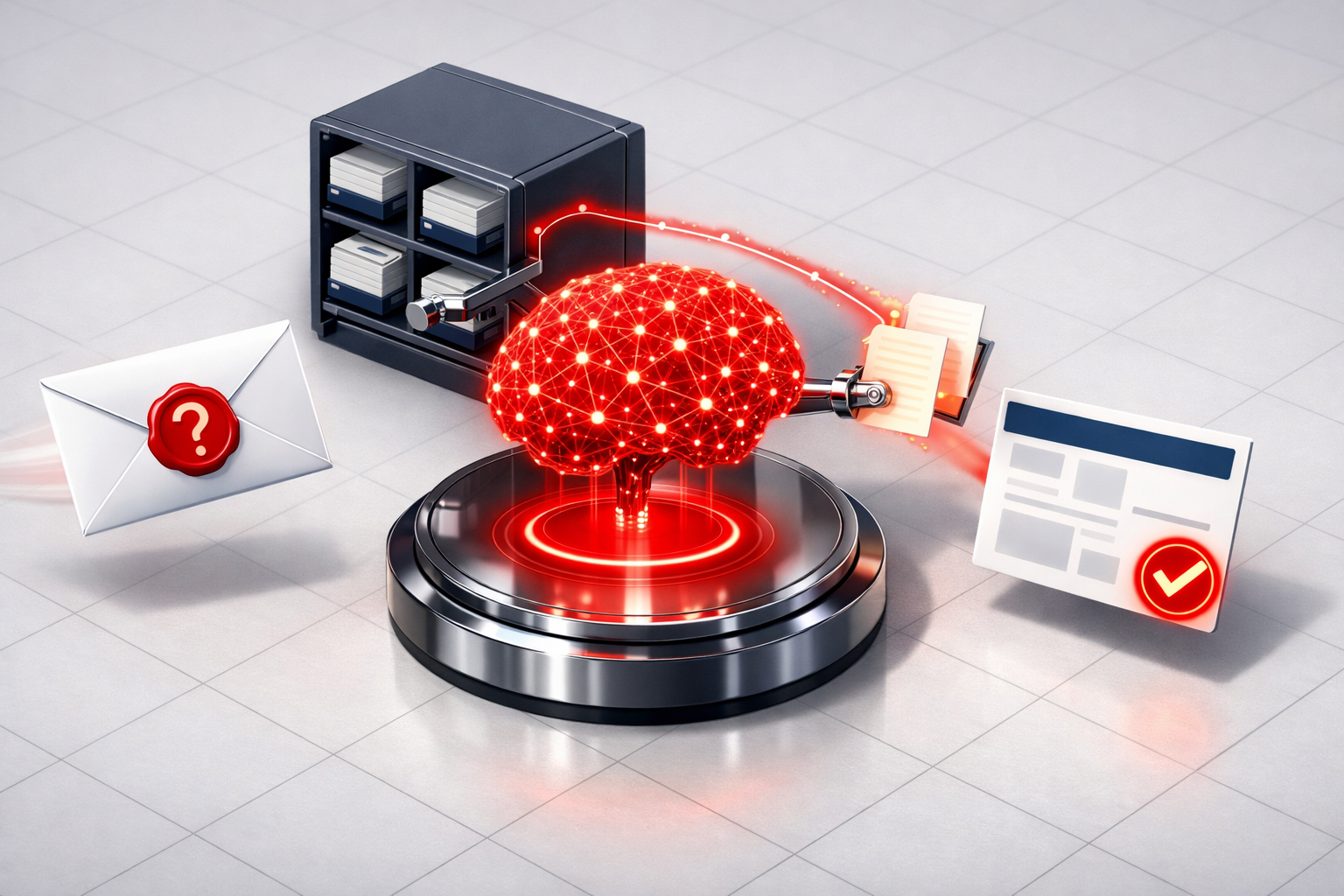 Polished 3D illustration of RAG retrieval system with red accents