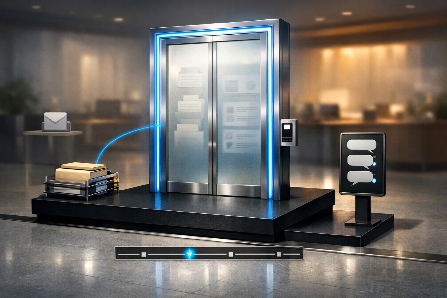 Polished 3D illustration of client portal interface with sky blue accents