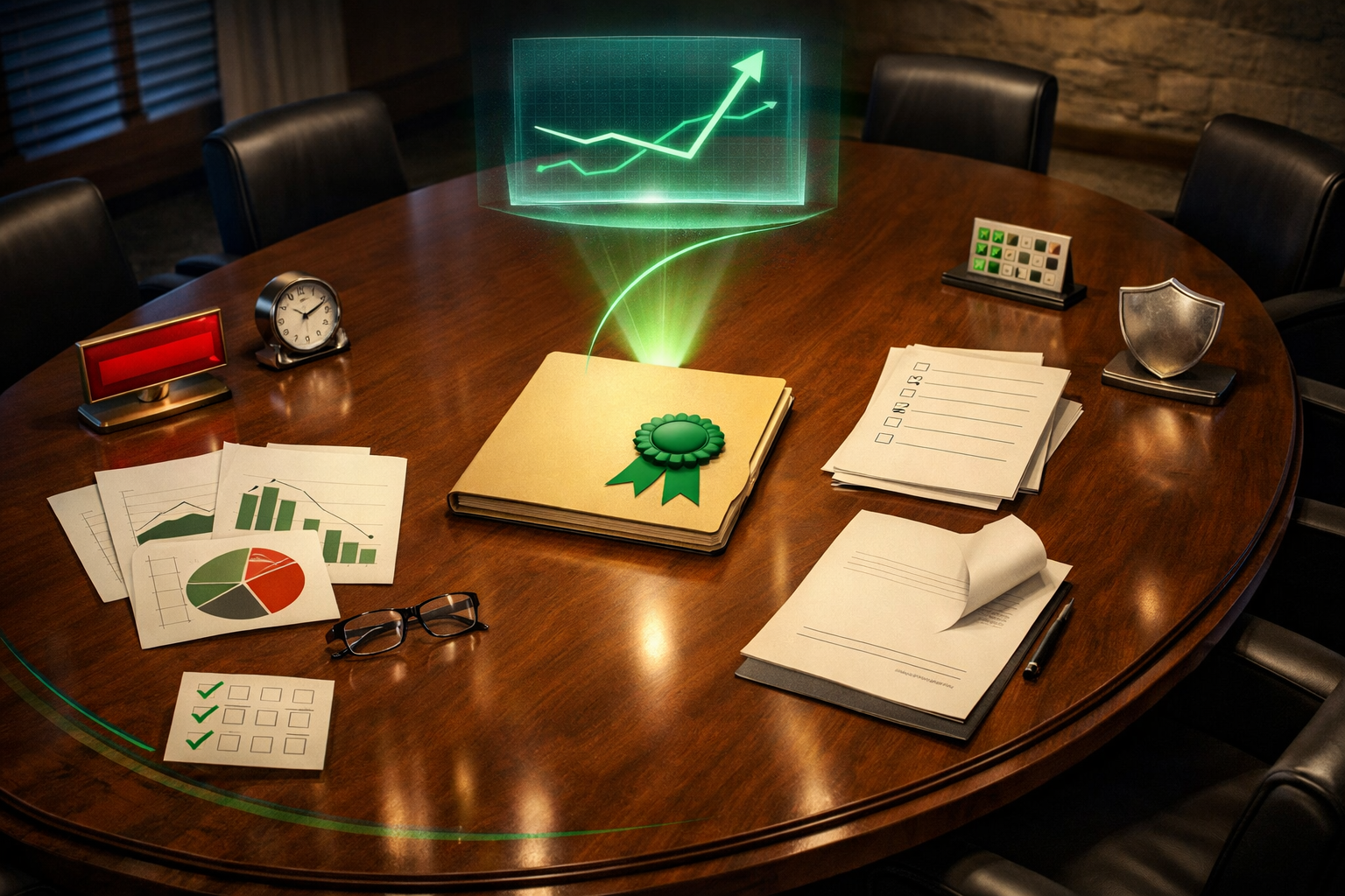Polished 3D illustration of agency evaluation with emerald accents